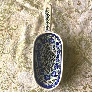 Beautiful hand painted ceramic Polish ladle, 8 7/8”. Blue and green colors.
